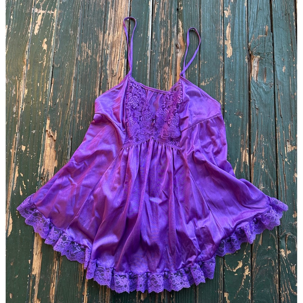Vintage Intimate Purple Babydoll Lingerie Set Lace Robe Chemise plus 3x